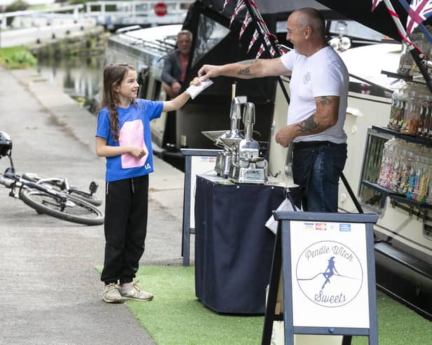 Pat and Jill Creaven opened their floating sweet shop during lockdown and float up and down the Leeds-Liverpool canal. Picture: Lee McLean/SWNS