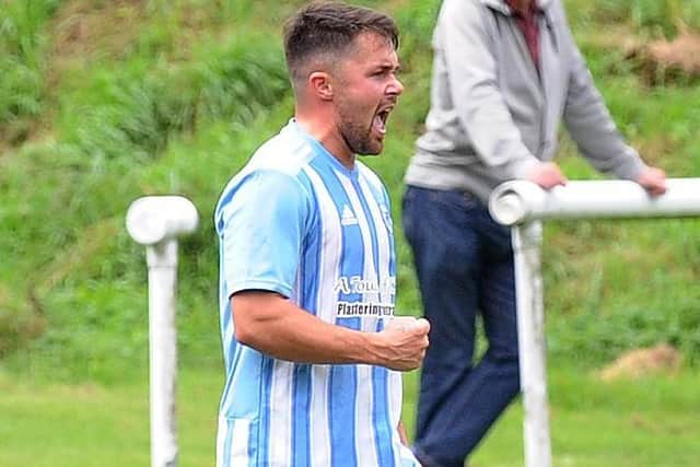 Matty Dalton of Wortley celebrates scoring against Leeds Medics and Dentists. Picture: Steve Riding.