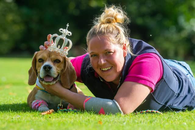 Sarah Foster, from Halifax, with three-year-old Barney the Beagle - who won Best King