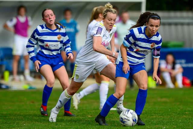 Closing down: Leeds United’s Rebecca Hunt, chases after Chester’s Anna Winter in the 3-1 victory at Tadcaster. Picture: James Hardisty