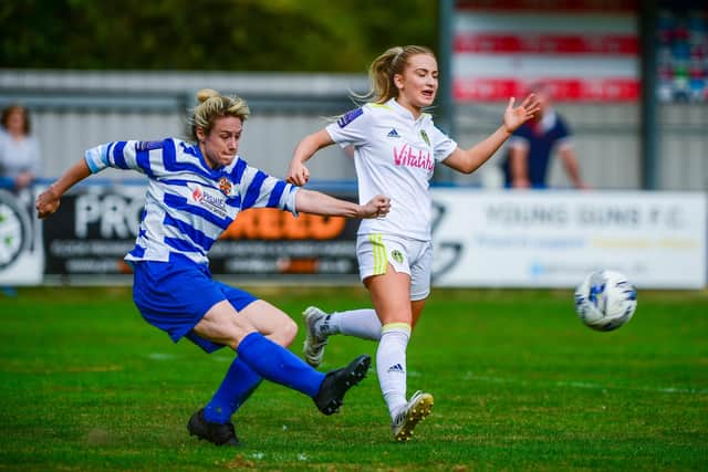 Shot: Leeds’ Paige Williams tries to block Brogan Prudhoe’s effort. Picture: James Hardisty