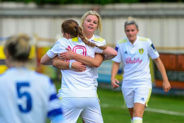 Whites’ delight: United goalscorers Laura Bartup and Hannah Freibach, top, celebrating the latter’s goal on her debut in the 3-1 win over Chester-le-Street. Picture: James Hardisty
