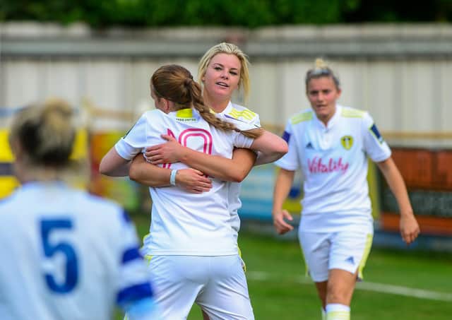 Whites’ delight: United goalscorers Laura Bartup and Hannah Freibach, top, celebrating the latter’s goal on her debut in the 3-1 win over Chester-le-Street. Picture: James Hardisty