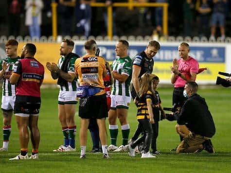 Michael Shenton is applauded on to the pitch before his final game for Tigers, against Warrington earlier this month. Picture by Ed Sykes/SWpix.com.