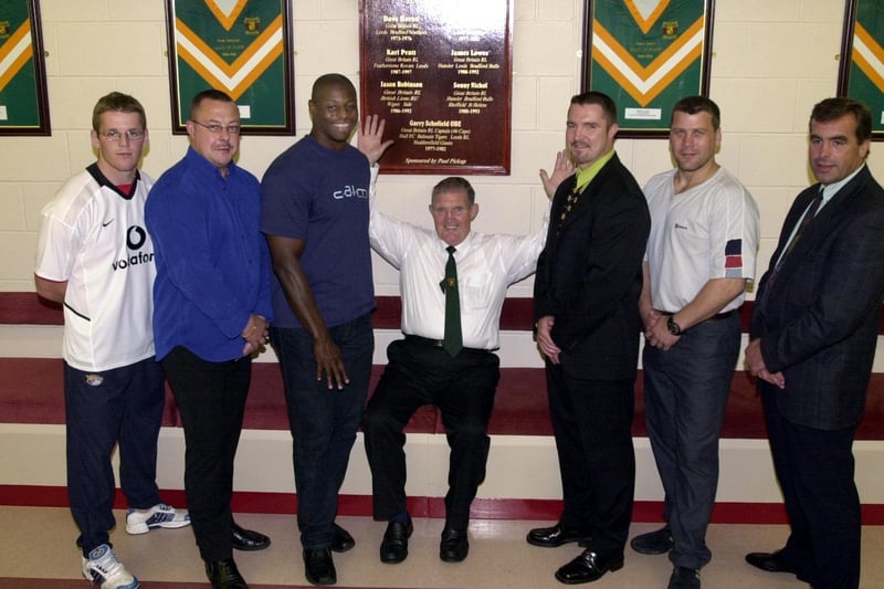 Secretary of Hunslet Parkside ARLFC Colin Cooper (centre) is pictured with Hall of Fame players Karl Pratt, Gary Schofield, Sonny Nichol, Dave Creaser James Lowes and Dave Heron at the opening of new club facilties.