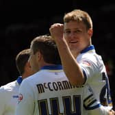 Matt Smith celebrates scoring against Derby County at Elland Road on the final day of the Championship season in May 2014. PIC: Varley Picture Agency