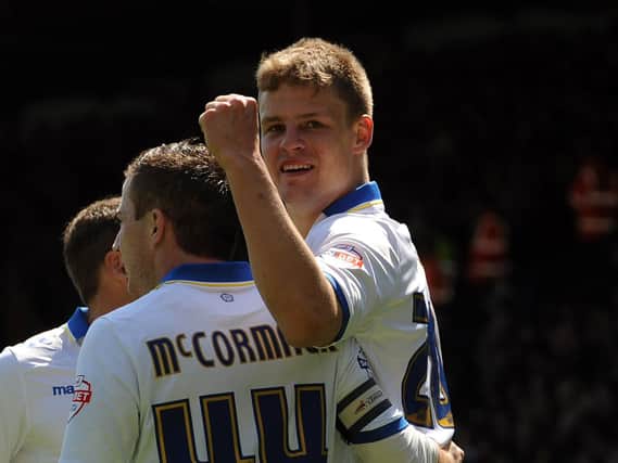 Matt Smith celebrates scoring against Derby County at Elland Road on the final day of the Championship season in May 2014. PIC: Varley Picture Agency