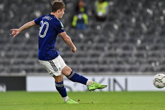 RISING STAR: Nineteen-year-old forward Joe Gelhardt wallops home his spot kick in the penalty shoot out against Carabao Cup hosts Fulham on his Leeds United debut this month. Picture by Bruce Rollinson.