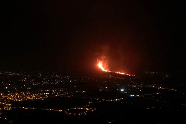 Birds eye shot of lava flowing down the side of the erupting Cumbre Vieja. Around 600 homes are said to have been destroyed.
