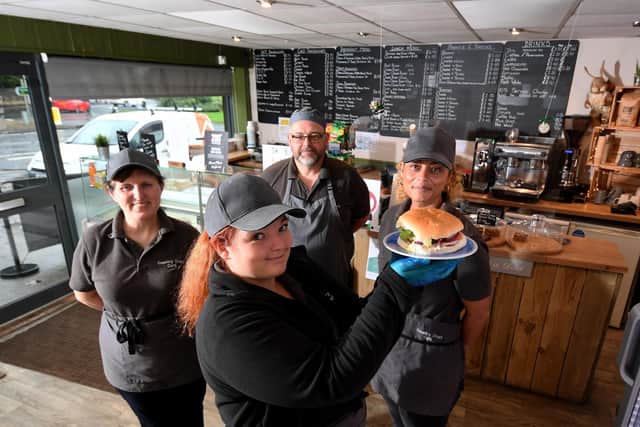 Feature on Country Crust Sandwich Shop on Scott Hall Road, Leeds. Abigail Burns (Front) pictured with her mum Michelle and dad Jason, and Naomi Lewis in the shop.
Pic: Simon Hulme
