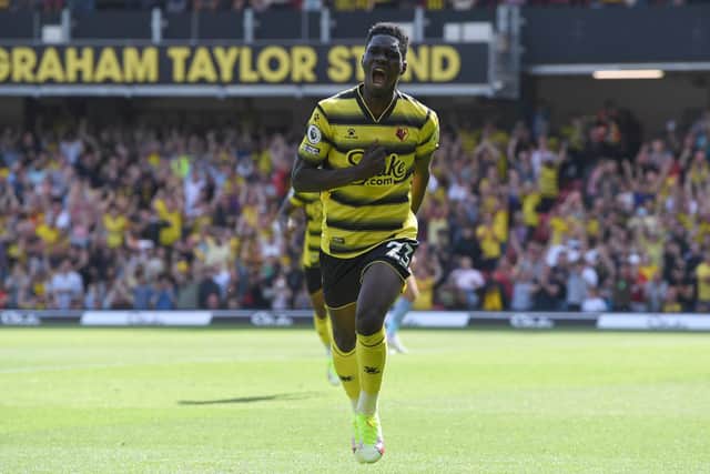 THRIVING: Watford winger Ismaila Sarr has netted three times this month and also scored in Augusts 3-2 win at home to Aston Villa, above. Photo by Tony Marshall/Getty Images.