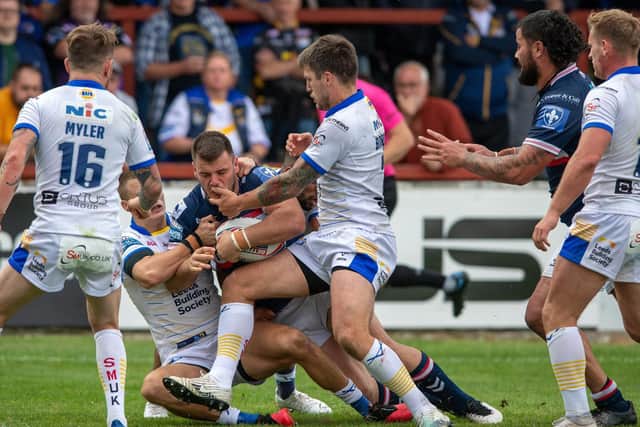 Joe Arundel scores the decisive try on Trinity's win over Leeds this season. Picture by Bruce Rollinson.
