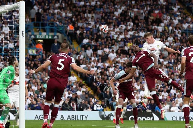 SOLID START: For 19-year-old Leeds United defender Charlie Cresswell, winning header second from right, in last weekend's 2-1 defeat at home to West Ham. Will he keep his place against Watford? Photo by George Wood/Getty Images.