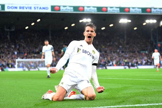 Diego Llorente celebrates putting Leeds United in front. Picture by Simon Hulme.