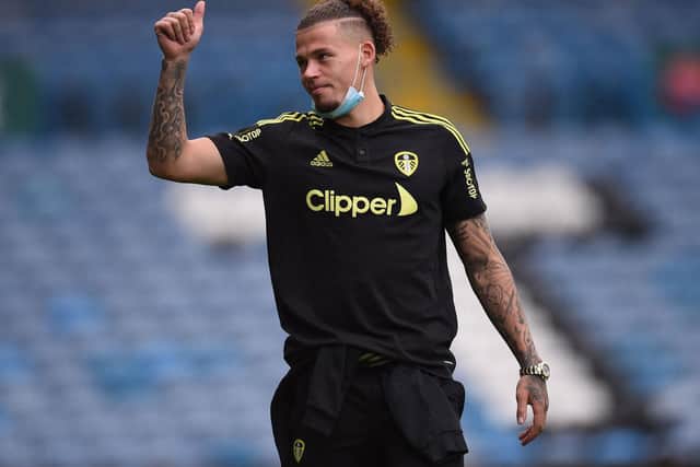 CHALLENGE: Outlined by Leeds United's England international midfielder Kalvin Philips. Photo by OLI SCARFF/AFP via Getty Images.