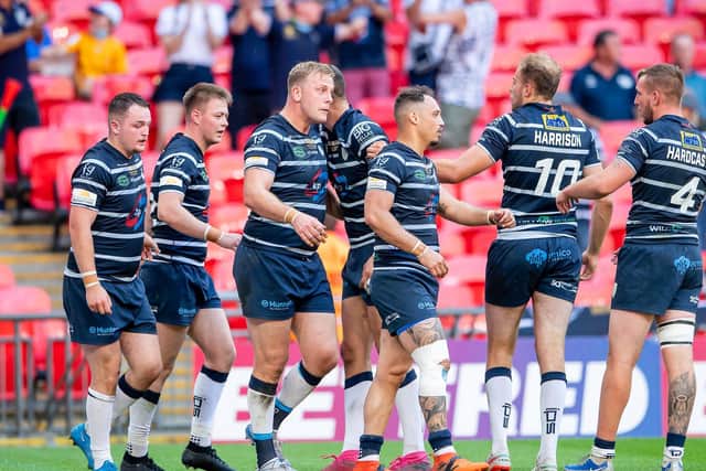 Featherstone Rovers' Craig Kopczak celebrates scoring in the 1895 Cup final win over York City Knights at Wembley earlier this season. He scored again in the Championship semi-final win over Halifax. (ALLAN MCKENZIE/SWPIX)