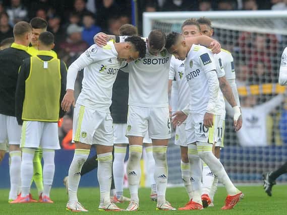 LEADING FROM THE FRONT: Leeds United captain Liam Cooper, centre, with Rodrigo, left, and Raphinha, right, as Kalvin Phillips, behind, looks on following Saturday's 1-0 victory against Watford at Eland Road. Picture by Simon Hulme.
