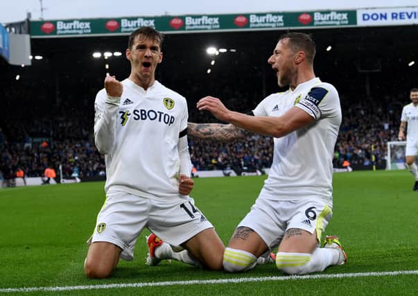 Diego Llorente celebrates with Liam Cooper after scoring against Watford. Picture: Simon Hulme.