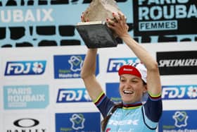 Otley's Lizzie Deignan lifts the Paris-Roubaix trophy. Picture: CorVos/SWpix.com.
