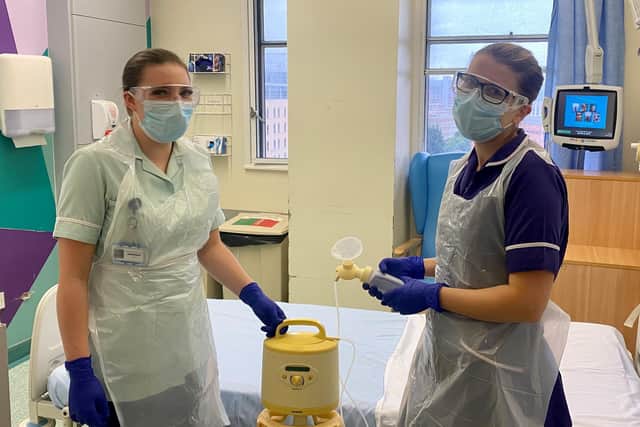 Leeds Children's Hospital's Megan Emery and Emma Duffy with some of the existing equipment.