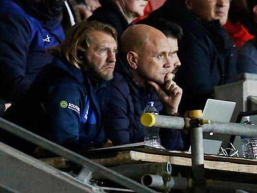 Rhinos assistant-boss Sean Long, left and coach Rivhard Agar watch on during last week's semi-final at St Helens. Picture by Ed Sykes/SWpix.com.