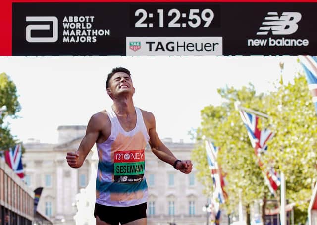 Magnificent seventh: Leeds junior doctor Phil Sesemann crosses the line to finish seventh in the Men's elite race during the Virgin Money London Marathon on Sunday Picture: Yui Mok/PA Wire.