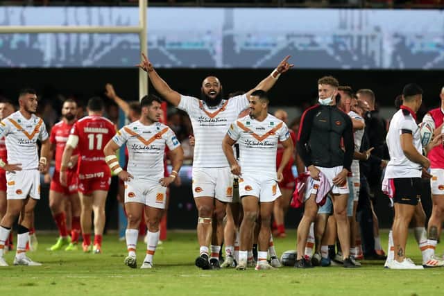 TOP EFFORT: Catalans Dragons' Sam Kasiano celebrates victory over Hull KR last week. Picture by Manuel Blondeau/SWpix.com