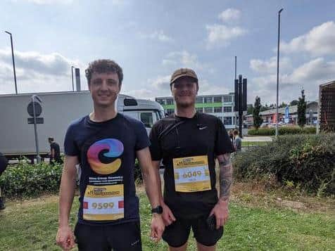 Tom Watkin and his flatmate Nick Elms after completing the Leeds Half Marathon.