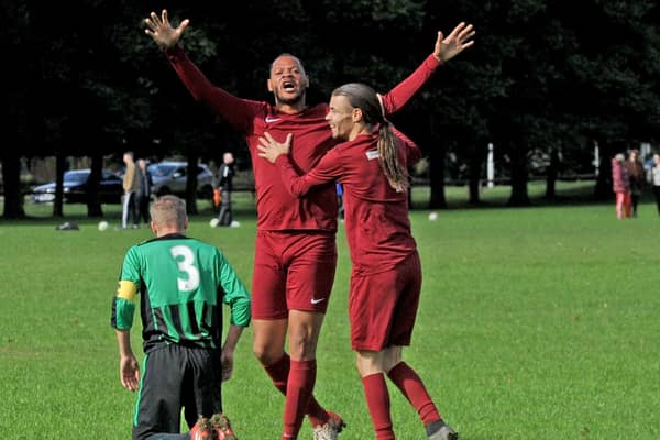 Kyle Jeffrey celebrates scoring a late winner in Little London's 4-3 over Horsforth Fairweather in the first round of the Sunday Cup. Picture: Steve Riding.