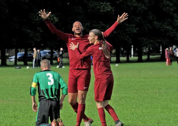 Kyle Jeffrey celebrates scoring a late winner in Little London's 4-3 over Horsforth Fairweather in the first round of the Sunday Cup. Picture: Steve Riding.