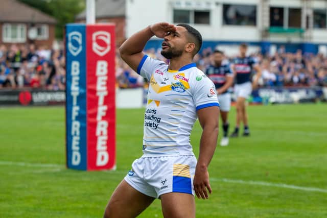 Kruise Leeming, seen celebrating scoring the opening try at Wakefield Trinity in late August, had a brilliant season for Leeds Rhinos  Picture: Bruce Rollinson