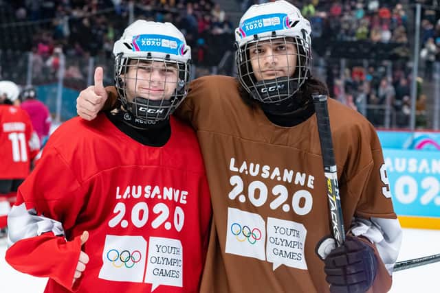 Mackenzie Stewart (GBR/Red Team) and Evan Thomas Nauth pictured after the Mixed NOC 3-on-3 play-offs semi-finals at the Lausanne 2020 Winter Youth Olympics Picture: Basile Barbey/Getty Images