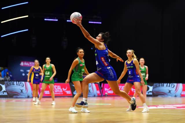 Amelia Hall of Leeds Rhinos jumps for the ball during the Vitality Netball Superleague round 1 match between Celtic Dragons and Leeds Rhinos (Picture: Jan Kruger/Getty Images for Vitality Netball Superleague)