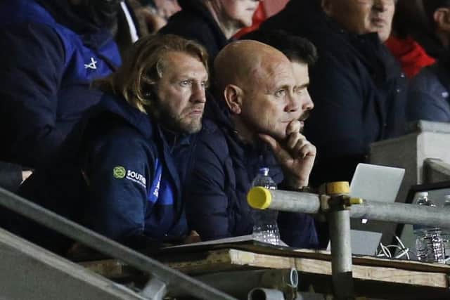 Leeds Rhinos head coach Richard Agar and assistant Sean Long watch on at St Helens. Picture: Ed Sykes/SWpix.com.