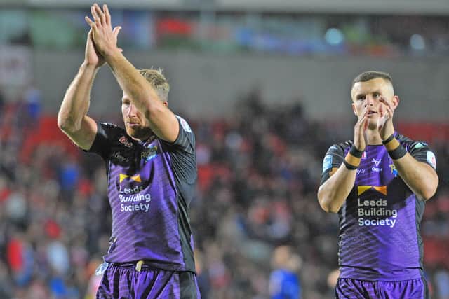 Matt Prior and Ash Handley show their frustration after Leeds Rhinos' Super League semi-final defeat to St Helens. Picture: Steve Riding.