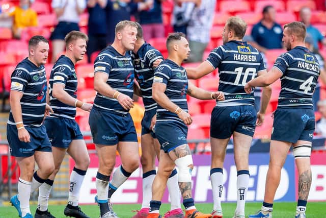 Featherstone celebrate a try against York in their 1895 Cup final win at Wembley earlier this year. Picture by Allan McKenzie/SWpix.com