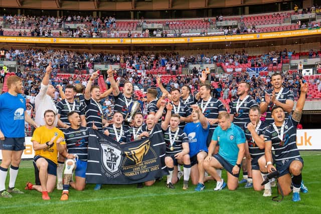 Featherstone thank the fans for their support after victory over York in the AB Sundecks 1895 cup final. Picture by Allan McKenzie/SWpix.com