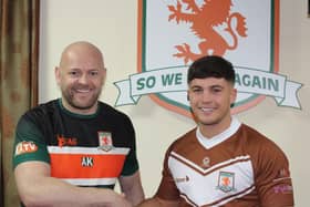 Dave Gibbons is congratulated by Hunslet coach Alan Kilshaw after signing a one-year contract. Picture c/o Hunslet RLFC.