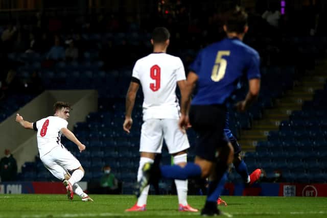 MADE IN LEEDS - Leeds United forward Sam Greenwood got a touch on Cody Drameh's cross before Lewis Bate struck the ball home for England Under 20s at Chesterfield. Pic: Getty