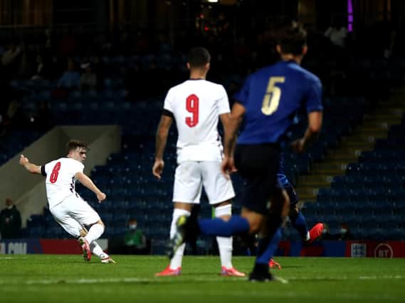 MADE IN LEEDS - Leeds United forward Sam Greenwood got a touch on Cody Drameh's cross before Lewis Bate struck the ball home for England Under 20s at Chesterfield. Pic: Getty