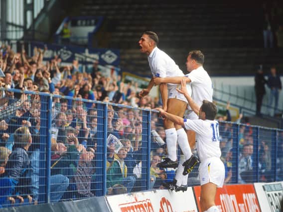 Vinnie Jones celebrates with the Kop after scoring against Ipswich Town at Elland Road in September 1989. The game finished 1-1. PIC: Varley Picture Agency