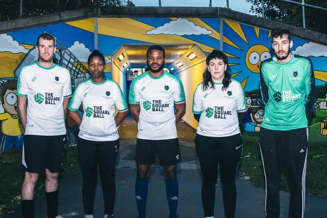 Holbeck Moor FC's players wearing The Square Ball logo. Pic: Lee Brown