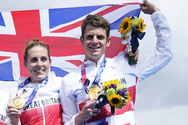 Welcome home: Jonny Brownlee, right, and Jess Learmonth, both of Leeds, formed half of the victorious Team GB mixed relay triathlon team at the summer Olympics in Tokyo. Yorkshire’s Olympic and Paralympic champions will be celebrated at a homecoming event tomorrow. (Picture: PA)