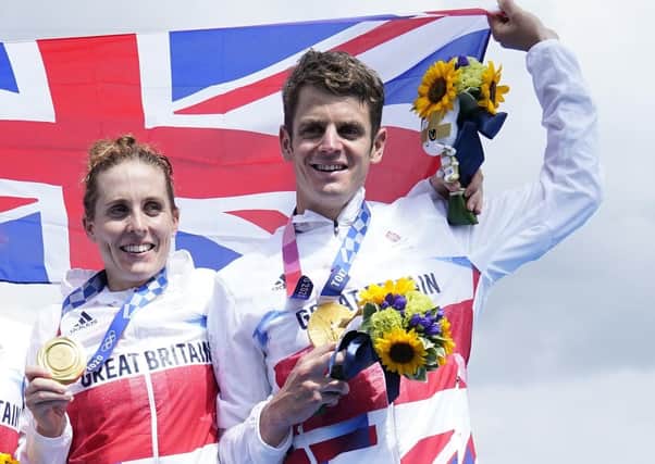 Welcome home: Jonny Brownlee, right, and Jess Learmonth, both of Leeds, formed half of the victorious Team GB mixed relay triathlon team at the summer Olympics in Tokyo. Yorkshire’s Olympic and Paralympic champions will be celebrated at a homecoming event tomorrow. (Picture: PA)
