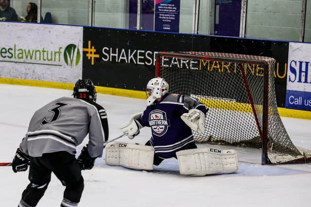 Billingham Stars No 2 goalie Jacob Hammond, in action while on Northern Conference duty. Picture courtesy of Billingham Stars Media.