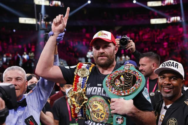 Tyson Fury celebrates after defeating Deontay Wilder.