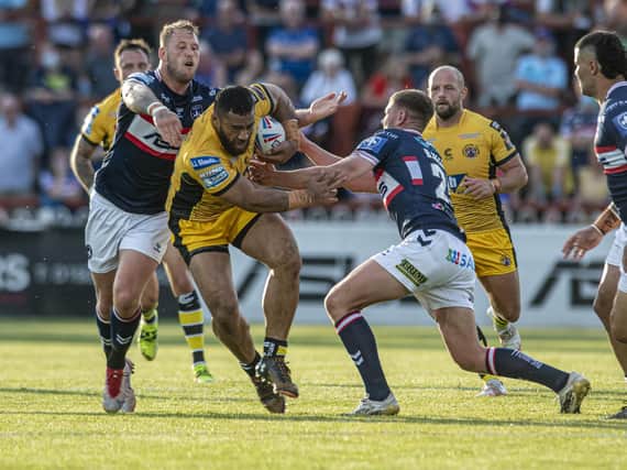 Suaia Matagi on the charge for Tigers against Wakefield Trinity. Picture by Tony Johnson.