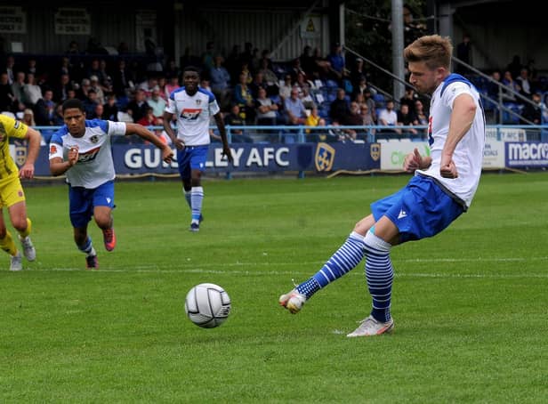 ON TARGET: Jordan Thewlis scored from the penalty spot for Guiseley. Picture: Steve Riding.