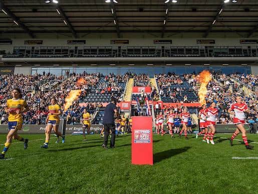 The teams take to the field in front of a Women's Super League record crowd at Headingley. Picture by Allan McKenzie/SWpix.com.
