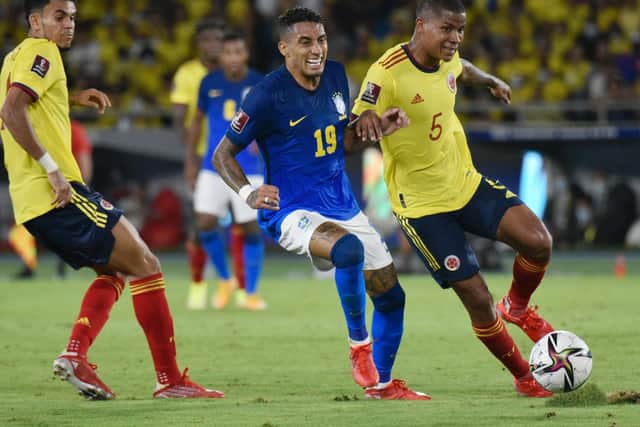 Leeds United winger Raphinha in action for Brazil against Colombia. Pic: Getty
